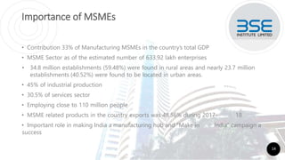 Importance of MSMEs
• Contribution 33% of Manufacturing MSMEs in the country’s total GDP
• MSME Sector as of the estimated number of 633.92 lakh enterprises
• 34.8 million establishments (59.48%) were found in rural areas and nearly 23.7 million
establishments (40.52%) were found to be located in urban areas.
• 45% of industrial production
• 30.5% of services sector
• Employing close to 110 million people
• MSME related products in the country exports was 48.56% during 2017- 18
• Important role in making India a manufacturing hub and “Make in India” campaign a
success
14
 