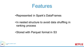 Features
•Represented in Spark’s DataFrames
•In nested structure to avoid data shuffling in
ranking process
•Stored with P...