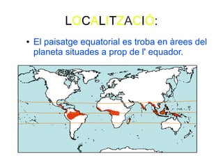 LOCALITZACIÓ:
● El paisatge equatorial es troba en àrees del
planeta situades a prop de l' equador.
 