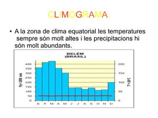 CLIMOGRAMA:
● A la zona de clima equatorial les temperatures
sempre són molt altes i les precipitacions hi
són molt abundants.
 