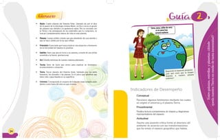 24
•	 Marte: Cuarto planeta del Sistema Solar. Llamado así por el dios
de la guerra de la mitología romana Marte, recibe a veces el apodo
de planeta rojo debido a la apariencia rojiza. Por su cercanía con
la Tierra y las semejanzas de los materiales que lo componen, se
buscan constantemente rastros de vida en este planeta.
•	 Planeta: Cuerpo sólido celeste que gira alrededor de una estrella y
que se hace visible por la luz que refleja.
•	 Postulado: Enunciado que busca explicar una situación o fenómeno
sin la necesidad de basarse en pruebas.
•	 Satélite: Astro que gira en torno a un planeta, a través de una órbita
sometida a la fuerza gravitacional.
•	 Sol: Estrella luminosa de nuestro sistema planetario.
•	 Teoría: Serie de leyes que sirven para explicar un fenómeno,
acontecimiento o situación.
•	 Tierra: Tercer planeta del Sistema Solar, habitado por los seres
humanos, los animales y las plantas. Es el único que sabemos que
tiene vida y agua líquida en su superficie.
•	 Universo: Corresponde al conjunto de todas las cosas creadas, tanto
dentro como fuera del sitio en que vivimos.
Glosario
Sana, sana, colita de rana
si no sana hoy
sanará mañana
2
Entregalaxias,estrellasyplanetas:¿dónde
quedanuestraTierraenmediodetantainmensidad?
Indicadores de Desempeño
Conceptual
Reconoce algunos fenómenos mediante los cuales
se originó el universo y el planeta Tierra.
Procedimental
Realiza lectura comprensiva de mapas y diagramas
representativos del espacio.
Actitudinal
Asume una posición crítica frente al deterioro del
ambiente de acuerdo con las transformaciones
que ha tenido el espacio geográfico que habita.
Respondo la siguiente pregunta:
¿por qué crees que la imagen
muestra a nuestro planeta
enfermo?
 