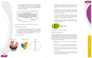 32
c. LeemoselsiguientetextodeCarlSagan, famosoastrónomo
estadounidense. Analizamos cuál es la responsabilidad
de los habitantes con nuestro planeta. Socializamos
estas respuestas con el profesor y le solicitamos, valore
nuestras producciones.
VAMOS A EXPERIMENTAR CON LA CIENCIA
TRABAJO EN EQUIPO
2. En la Fundamentación Científica, pudimos ver que el peso
de los planetas de nuestro Sistema Solar no es directamente
proporcional a su tamaño, pues todo depende de los materiales
que los componen. Ahora, con un sencillo experimento, vamos
a comprobar si esta afirmación es cierta.
Para ello necesitamos:
3 bombas grandesArena o arcilla Agua
LA BELLEZA AZUL…
Bienvenidos al planeta tierra: un lugar de cielos
azules de nitrógeno, océanos de agua líquida,
bosques frescos y prados verdes, un mundo
donde puede escucharse de un modo evidente
el murmullo de la vida.
Carl Sagan
6°-Unidad1-Guía2
33
a. Vamos a llenar una de las bombas con agua, la otra
con la arena y la última la inflamos con nuestro aire. Es
importante que la bomba que tiene aire sea la más llena de
todas.
b. En compañía del profesor, conseguiremos una báscula
donde pesar las bombas con el fin de poder demostrar su
peso exacto. De no tener una báscula, podemos hacer los
cálculos nosotros mismos.
c. En una lista escribimos de mayor a menor peso el
orden de las bombas y su diferencia de tamaños. Luego
respondemos: ¿lo que sucede en nuestro Sistema Solar
es similar con el experimento que realizamos?
d. Socializamos el experimento con nuestro profesor para
comprobar nuestra capacidad de relacionar las ciencias
naturales y sociales.
Aplicación
SABERES CON CREATIVIDAD
TRABAJO INDIVIDUAL
A lo largo de la guía he aprendido diferentes elementos relacionados
con nuestra galaxia y nuestro Sistema Solar. Ahora elaboraré, de
manera muy creativa, un afiche que muestre los elementos básicos
del Sistema Solar. Para ello, debo buscar algunas imágenes que
hay en la guía o en fuentes virtuales o en la institución. Para crear
un afiche es importante recordar:
 Tener una base que seguir, pueden ser varias imágenes o
una sola.
 Manejar un papel grande que permita poner los elementos
necesarios, en este caso los planetas del Sistema Solar.
 Utilizar la imaginación y los materiales del medio para
hacer muy creativo el afiche y llamativo a las personas
que lo vean.
 Los afiches no deben llevar mucho texto, pero si puedo
poner una o varias frases que sean importantes para
explicar o reflexionar sobre el tema.
 