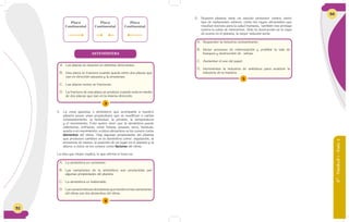 5252
4. La zona gaseosa o atmósfera que acompaña a nuestro
planeta posee unas propiedades que se modifican o varían
constantemente: la humedad, la presión, la temperatura
y el movimiento. Esto quiere decir que la atmósfera puede
calentarse, enfriarse, estar liviana, pesada, seca, húmeda,
quieta o en movimiento; a éstos elementos se les conoce como
elementos del clima. Hay algunas propiedades del planeta
que producen cambios en la atmósfera como: vegetación, la
presencia de mares, la posición de un lugar en el planeta y la
altura; a éstos se les conoce como factores del clima.
La idea que mejor explica, lo que afirma el texto es:
3
A. Las placas se mueven en distintas direcciones.
B. Una placa se fractura cuando queda entre dos placas que
van en dirección opuesta y la presionan.
C. Las placas nunca se fracturan.
D. La fractura de una placa se produce cuando está en medio
de dos placas que van en la misma dirección.
4
A. La atmósfera es constante.
B. Las variaciones de la atmósfera son producidas por
algunas propiedades del planeta.
C. La atmósfera es inalterable.
D. Las características del planeta que inciden en las variaciones
del clima son los elementos del clima.
Placa
Continental
Placa
Continental
Placa
Continental
ASTENÓSFERA
6°-Unidad1-Guía3
53
5. Nuestro planeta tiene un escudo protector contra cierto
tipo de radiaciones solares, como los rayos ultravioleta que
resultan nocivos para la salud humana, también nos protege
contra la caída de meteoritos. Ante la destrucción de la capa
de ozono en el planeta, la mejor solución sería:
5
A. Suspender la industria contaminante.
B. Iniciar procesos de reforestación y prohibir la tala de
bosques y destrucción de selvas.
C. Aumentar el uso del papel.
D. Incrementar la industria de sintéticos para sustituir la
industria de la madera.
 