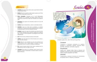 5454
•	 Atmósfera: Masa gaseosa que rodea un astro, especialmente referida
a la que rodea la Tierra.
•	 Biósfera: Parte de la superficie sólida, líquida y gaseosa de la Tierra
en la que se desarrollan los seres vivos.
•	 Efecto invernadero: Fenómeno por el cual determinados
componentes de la atmósfera del planeta retienen parte de la
energía que el suelo libera al haber sido calentado por la radiación
solar.
•	 Estratósfera: Zona superior de la atmósfera, desde los 12 a los 100
km de altura.
•	 Exósfera: Espacio interplanetario, exterior a la atmósfera terrestre.
•	 Hidrósfera: Capa de la Tierra entre la atmósfera y la litósfera
formada por el conjunto de las partes líquidas del globo terráqueo:
la hidrosfera abarca el 70% de la superficie terrestre.
•	 Ionósfera: Conjunto de capas de la atmósfera que están por encima
de los 80 km. Presentan fuerte ionización causada por la radiación
solar, y afectan de modo importante a la propagación de las ondas
radioeléctricas.
•	 Isla: Porción de tierra rodeada de agua por todas partes.
•	 Litósfera: Capa más externa de la Tierra formada por la corteza y
parte del manto terrestres.
•	 Magma: Masa de rocas fundidas de la zona más profunda de la
corteza terrestre, que se origina debido a la presión y las altas
temperaturas y que se convierte en sólida por enfriamiento.
•	 Río: Corriente de agua continua y más o menos caudalosa que va a
desembocar en otra, en un lago o en el mar.
•	 Tropósfera: Zona inferior de la atmósfera, hasta la altura de doce
kilómetros, donde se desarrollan los meteoros aéreos, acuosos y
algunos eléctricos.
Glosario 4
LaTierranuncasedetiene:
losmovimientosdenuestroplaneta
Indicadores de Desempeño
Conceptual
Compara y contrasta conceptos de carácter
geológico y geográfico (galaxia, Sistema Solar,
estrellas, planetas, territorios, lugares).
Procedimental
Asume una posición crítica frente al deterioro del
ambiente de acuerdo con las transformaciones que ha
tenido el espacio geográfico que habita.
Actitudinal
Comprende y maneja el proceso de movimiento
del planeta Tierra: rotación y traslación.
Si observamos la imagen de
la Tierra y sabemos que los
humanos estamos dentro de
ella, podríamos preguntarnos:
¿el espacio donde se encuentra
el niño tiene algún tipo de
movimiento?
 