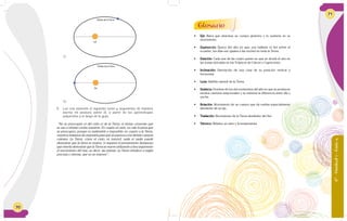 70
5. Leo con atención el siguiente texto y argumento de manera
escrita mi postura sobre él, a partir de los aprendizajes
adquiridos a lo largo de la guía.
“No se preocupen ni del cielo ni de la Tierra, ni teman creyendo que
se van a rebelar contra nosotros. En cuanto al cielo, no vale la pena que
se preocupen, porque es inalterable e imposible; en cuanto a la Tierra,
nosotros tratamos de mejorarla para que se parezca a los demás cuerpos
celestes. La Tierra, cómo el cielo, es inmóvil, nada ni nadie puede
demostrar que la tierra se mueve, ni siquiera el pensamiento fantasioso
que intenta demostrar que la Tierra se mueve utilizando cómo argumento
el movimiento del mar, es decir, las mareas. La Tierra obedece a reglas
precisas y eternas, que no se mueven”.
Sol
Órbita de la Tierra
Sol
Órbita de la Tierra
C.
D.
•	 Eje: Barra que atraviesa un cuerpo giratorio y lo sostiene en su
movimiento.
•	 Equinoccio: Época del año en que, por hallarse el Sol sobre el
ecuador, los días son iguales a las noches en toda la Tierra.
•	 Estación: Cada una de las cuatro partes en que se divide el año en
las zonas ubicadas en los Trópicos de Cáncer y Capricornio.
•	 Inclinación: Desviación de una cosa de su posición vertical u
horizontal.
•	 Luna: Satélite natural de la Tierra.
•	 Solsticio: Nombre de los dos momentos del año en que se producen
sendos cambios estacionales y es máxima la diferencia entre día y
noche.
•	 Rotación: Movimiento de un cuerpo que da vueltas especialmente
alrededor de su eje.
•	 Traslación: Movimiento de la Tierra alrededor del Sol.
•	 Térmico: Relativo al calor y la temperatura.
Glosario
6°-Unidad1-Guía4
71
 