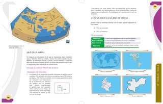 88
QUÉ ES UN MAPA…
Un mapa es un documento en el que se representan datos mediante
signos, símbolos, dibujos, colores y textos. Esos datos pueden ser por
ejemplo, la representación de la Tierra, o de las estrellas, o cualquier
otra cosa. Se hacen a escala, es decir, se hacen más pequeños que lo que
se representan pero guardando las proporciones.
ESTABLECEMOS PROPORCIONES
TRABAJO EN EQUIPO
Figura 2: Representación plana de
un sector de La Tierra.
Fuente: http:// ocw.unican.es
1 Cms
1 Cms
1. La escala de un mapa nos permite relacionar el gráfico con la
realidad. Por ejemplo, si el área de un parque tiene 100 metros
de largo y 100 metros de ancho, en un mapa aparecerá como
de 1 cm por 1 cm. Esto con el
fin de conservar una relación
del gráfico con el tamaño
real. Ahora realizaremos
el gráfico que nos muestre
cómo haríamos un mapa de
una cancha de fútbol que mide
100 metros de ancho y 200
metros de largo.
6°-Unidad1-Guía6
89
Arctic Circle
Comodoro Rivadavia
Neuquen
Barreiras
Cachimbo
Cuiaba
Porto Velho
Amos
Baker
Lake
Churchill
Flin Flon
Fort
McMurray
Grande
Prairie
Inukjuak
Kamloops
Labrador City
Port
Radium
Prince
AlbertPrince
George
Prince Rupert
Rankin
Inlet
Saskatoon
Thompson
Timmins
Valdivia
Albuquerque
Barrow
Butte
Fairbanks
Fort
Yukon
Las Vegas
Nome
Provo
Scottsbluff
Unalaska
Cordova
Bear
Lake
Juneau
Brandon
Dawson
Creek
Fort
Chipewyan
Moosonee
Red
Deer
Swift
Current
Antofagasta
Concepcion
Talara
Trujillo
Anchorage
Duluth
Grand Forks
Reno
Tucson
Twin
Falls
Williston
Rosario
Belem
Belo Horizonte
Campinas
Curitiba
Fortaleza
Goiania
Manaus
Porto Alegre
Recife
Rio De Janeiro
Salvador
Sao Paulo
Calgary
Montreal
Vancouver
Buffalo
Charlotte
Dallas
Detroit
Jacksonville
Atlanta
Kansas City
New Orleans
New York
Boston
Norfolk
Oakland
Omaha
Seattle
Spokane
Sao Goncalo
Baltimore
Birmingham
Denver
Chicago
Houston
Los Angeles
Memphis
MilWawkee
Minneapolis
Philadelphia
Portland
San Diego
San Francisco
St. Louis
Tampa
La Paz
Sucre
Brasilia
Santiago
Bogota
Havana
Quito
Port Stanley
Mexico
City
Washington
D. C.
Montevideo
Caracas
Georgetown
Paramaribo
Buenos Aires
Ottawa
Asuncion
Lima
U. S. A.
C A N A D A
MEXICO
THE BAHAMAS
CUBA
PANAMA
EL SALVADOR
GUATEMALA
BELIZE
HONDURAS
NICARAGUA
COSTA RICA
JAMAICA
HAITI
DOM. REP.
ARGENTINA
BOLIVIA
COLOMBIA
VENEZUELA
PERU
BRAZIL
FRENCH GUIANA
SURINAME
GUYANA
CHILE
ECUADOR
PARAGUAY
URUGUAY
-3
-4
-4
-4
-5
-5
-5
-6
-6
-7
-7
-8
-9
-10
-3.5
Los mapas los usan sobre todo los geógrafos y los viajeros;
pero, también, los historiadores y otros profesionales como los
ingenieros y arquitectos. Se distinguen por su extensión o por su
finalidad.
CONOZCAMOS LAS CLASES DE MAPAS…
Según lo que se pretende informar con el mapa, pueden agruparse en
dos clases:
 Por su extensión.
 Por su finalidad.
Por su extensión
Figura 3: mapamundi
Figura 5: mapa nacional
Figura 4: mapa continental
Figura 6: mapa local
Mapamundi
Mapa nacional
Mapa continental
Mapa local
Cuando está representada toda la superficie terrestre.
Cuando el mapa representa uno de los continentes.
Cuando lo que se representa es una nación.
Cuando lo es de una localidad: municipio, barrio, vereda,
entre otros.
 