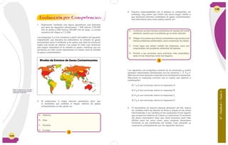 104
1. Represento mediante una figura geométrica una hacienda
que tiene las siguientes dimensiones: 1.200 metros (120.000
cm) de ancho y 550 metros (55.000 cm) de largo. La escala
numérica del mapa es 1:2.000.
Las preguntas 2 y 3 se resuelven a partir del análisis del siguiente
mapamundi, que muestra los indicadores de emisión de gases
perjudiciales para el ambiente y los países que más los producen
según una escala de colores. Las zonas en color rojo muestran
una mayor intensidad en la emisión de gases, mientras que los
territorios en color verde representan un menor nivel de emisión
de gases contaminantes.
2
A. América.
B. Asia.
C. Oceanía.
D. Europa.
Figura 16: Mapamundi: indicado-
res de emisión de gases perjudi-
ciales para el ambiente.
2. Si analizamos el mapa anterior podríamos decir que
el continente que contiene el mayor número de países
contaminantes en alto grado es:
Evaluación por Competencias
Niveles de Emision de Gases Contaminantes
6°-Unidad1-Guía6
105
3. Nuestra responsabilidad con el planeta es compartida, sin
embargo, hay países que tienen una tarea mayor debido a
que producen enormes cantidades de gases contaminantes.
Una alternativa para estos países podría ser:
Las siguientes son preguntas constan de un enunciado y cuatro
opciones relacionadas identificadas con los números 1, 2, 3 y 4.
Sólo dos de estas opciones responden correctamente el enunciado.
Selecciono la respuesta correcta con el cuadro que aparece a
continuación:
Si 1 y 2 son correctas marco la respuesta A.
Si 2 y 3 son correctas marco la respuesta B.
Si 3 y 4 son correctas marco la respuesta C.
Si 2 y 4 son correctas marco la respuesta D.
4. El movimiento de nuestro planeta alrededor del Sol, marca
los cambios entre las épocas de lluvia y sequía en las zonas
intertropicales o los cambios en las estaciones en los lugares
que ocupan los trópicos de Cáncer y Capricornio. El aumento
del efecto invernadero hace que estos procesos sean más
difíciles para los seres vivos, pues ocasiona situaciones
extremas en las condiciones del tiempo. Esta situación se
caracteriza principalmente por los siguientes factores:
3
A. Continuar con las mismas condiciones de manejo del medio
ambiente, puesto que el problema ya no tiene solución.
B. Obligaralospaísesquemenoscontaminanaqueproduzcan
menos problemas ambientales, para compensar los daños.
C. Crear leyes que deban cumplir las empresas, pues son
responsables del problema ambiental del planeta.
D. Formar a las personas para prácticas más sostenibles,
tanto en las industrias como los hogares.
Evaluación por Competencias
 