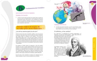 114
Teorías sobre el origen de
la vida y los seres humanos
ADQUIRAMOS NUEVOS SABERES
TRABAJO EN EQUIPO
1. Leemos el texto sobre las ideas que existen sobre el origen de
los seres vivos en el planetaTierra, encontramos las ideas más
importantes sobre cada teoría y las escribimos de manera
breve en el cuaderno. Además, buscamos en el glosario de la
guía las palabras desconocidas y respondemos las preguntas
que acompañan cada teoría.
Fundamentación Científica
¿Los de hoy seremos igual a los de ayer?
Durante muchos años tanto los grandes científicos como las personas
en general, creían que los seres vivos, incluidos los humanos, habíamos
sido iguales desde el comienzo de los tiempos y que sólo nos
diferenciaban rasgos como: el color de la piel, la altura o la forma del
cabello (características que nos siguen diferenciando hoy en día). Los
postulados de muchas religiones del mundo describían la creación del
mundo y de los humanos por parte de seres superiores, que nos habían
hecho iguales a como somos en la actualidad, a esta teoría se le llama el
“Creacionismo”.
Sin embargo, los fósiles (restos de organismos y seres del pasado)
permitían ver cómo en nuestro planeta existieron seres que hoy ya no
podemos ver sobre la superficie de la tierra o en el mar. A partir de estas
preguntas, un naturalista francés de apellido Cuvier elaboró la teoría
del “Catastrofismo”, según la cual, a lo largo de la historia de la Tierra,
sucedieron numerosas catástrofes que acabaron con la flora y fauna del
planeta y dieron lugar a la aparición de animales y plantas diferentes.
De este modo, Cuvier explicaba la existencia de organismos que se
habían extinguido y que se conocían solamente por sus fósiles.
6°-Unidad2-Guía1
115
TRABAJO INDIVIDUAL
2. A partir del siguiente párrafo y con mis conocimientos sobre
los postulados de la creación, realizo un dibujo que muestre
como habrían sido esos primeros seres humanos.
En definitiva, ¿si hay cambios?
En el siglo XIX se cuestionaron las creencias tradicionales y se
elaboraron las teorías del “Evolucionismo”. Según estas teorías, las
características de los seres vivos cambian a lo largo
del tiempo. Ésta sería la causa de la gran
diversidad de la flora y fauna de la Tierra
y de las adaptaciones de los seres vivos
al medio o contexto que nos rodea. De
los postulados evolucionistas, los más
representativos para la historia son los
que hicieron los siguientes científicos:
Jean Baptiste Lamarck (1744-
1829) fue un importante
naturalista francés. Fue uno
de los primeros científicos en
aceptar la evolución y formuló
teorías sobre los mecanismos
por los cuales los organismos
van transformándose. Su
teoría se basa en los siguientes
principios:
Figura 2: Jean Baptiste Lamarck.
Fuente: http://fineartamerica.com
Figura 1: representación del
“Creacionismo”
Figura 1: Representación del
“Catastrofismo”.
 