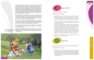 146
La necesidad de encontrar una actividad de subsistencia llevó a los seres
humanos del Neolítico a la recolección y almacenamiento de cereales,
que pronto iban a ser sembrados y cosechados. Paralelamente, el
hombre logró domesticar a algunos animales pequeños como el perro.
La adopción de la agricultura significó para sus usuarios la posibilidad de
desarrollar civilizaciones más avanzadas que las de sus contemporáneos,
debido a los cambios culturales que produjo. El más importante es el
paso de grupos nómadas a poblaciones sedentarias, motivado por la
necesidad de desarrollar la agricultura, la ganadería y de establecer un
lugar fijo de alimentación y residencia.
Consecuentemente, la sedentarización originó el desarrollo urbano
y las ciudades; aunque es cierto que muchos grupos humanos que
se dedicaban a la pesca en las regiones costeras vivían en especies
de aldeas, no contaban con una organización funcional a la actividad
económica y no habían logrado desarrollar ciudades.
Por otro lado, la adopción de la agricultura generó, por primera vez
en la historia del ser humano, la posibilidad de contar con excedentes
alimenticios y se produjo un fenómeno de crecimiento demográfico; es
decir, la población tuvo un aumento sostenido en el tiempo.
La revolución agrícola ocurrida durante el Neolítico trajo una serie
de consecuencias tanto sociales como culturales a los incipientes
asentamientos humanos.
Los asentamientos donde se desarrolló esta revolución, se encuentran
distribuidos principalmente en el Próximo Oriente, la costa este del
Mediterráneo y el norte de África. Esta distribución geográfica es llamada
“Medialuna fértil”.
146
Texto tomado y adaptado de: El
Neolítico. Recuperado de: Escolares.
net. En: http://www.escolares.net/
historia-universal/el-neolitico/
6°-Unidad2-Guía3
147
Ejercitación
Aplicación
CONTRASTAMOS LOS NUEVOS APRENDIZAJES
TRABAJO EN PAREJAS
1. Observamos con mucha atención la siguiente ilustración
sobre algunas de las principales prácticas de la vida nómada.
Escribimos una historia sobre un hombre sedentario que llega a
esta comunidad nómada y narramos cuáles son las diferencias
que encontraría con su pueblo, además, qué podría enseñarles
a estas personas.
CONSTRUYAMOS EL SABER
TRABAJO INDIVIDUAL
1. Después de leer atentamente el texto de la Fundamentación
Científica, elaboro un cuadro comparativo en mi cuaderno
entre las comunidades nómadas y sedentarias. Para realizar
esta actividad debo tener en cuenta los siguientes aspectos:
a. Trazo un cuadro con una línea divisoria en medio y en cada
uno de los lados escribo, en la parte superior, el nombre de
los temas a comparar.
b. Marco con numerales o con guiones y escribo una idea que
considere importante respecto a uno de los temas a tratar
y al frente, en el otro lado del cuadro, escribo una idea que
muestre una diferencia con la idea escrita al otro lado.
c. Tengo muy claras las diferencias entre cada uno de los
aspectos a comparar, con el fin de escribir la mayor cantidad
de contrastes o algunos puntos en común que permitan a
la persona que lea mi cuadro entender con facilidad las
diferencias y algunas similitudes de los temas trabajados.
2. Muestro a mi maestro el cuadro comparativo y realizo
algunos cambios de ser necesario.
 