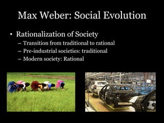 Max Weber: Social Evolution
• Rationalization of Society
– Transition from traditional to rational
– Pre-industrial societies: traditional
– Modern society: Rational
 