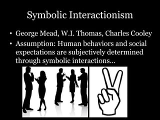 Symbolic Interactionism
• George Mead, W.I. Thomas, Charles Cooley
• Assumption: Human behaviors and social
expectations are subjectively determined
through symbolic interactions…
 