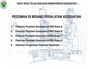 NSPK YANG TELAH DISUSUN KEMENTERIAN KESEHATAN … 
PEDOMAN DI BIDANG PERALATAN KESEHATAN 
1. Pedoman Peralatan Kesehatan di RSU Kelas A 
2. Pedoman Peralatan Kesehatan di RSU Kelas B 
3. Pedoman Peralatan Kesehatan di RSU Kelas C 
4. Pedoman Peralatan Kesehatan di RSU Kelas D 
5. Pedoman Pengelolaan Peralatan Kesehatan 
 