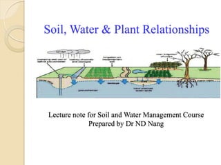 Soil, Water & Plant Relationships
Lecture note for Soil and Water Management Course
Prepared by Dr ND Nang
 