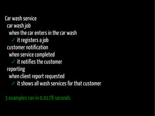 Car wash service
car wash job
when the car enters in the car wash
✓ it registers a job
customer notification
when service completed
✓ it notifies the customer
reporting
when client report requested
✓ it shows all wash services for that customer
3 examples ran in 0.0178 seconds

 