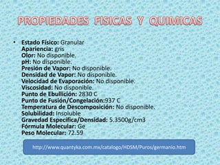• Estado Físico: Granular
  Apariencia: gris
  Olor: No disponible.
  pH: No disponible.
  Presión de Vapor: No disponible.
  Densidad de Vapor: No disponible.
  Velocidad de Evaporación: No disponible.
  Viscosidad: No disponible.
  Punto de Ebullición: 2830 C
  Punto de Fusión/Congelación:937 C
  Temperatura de Descomposición: No disponible.
  Solubilidad: Insoluble
  Gravedad Específica/Densidad: 5.3500g/cm3
  Fórmula Molecular: Ge
  Peso Molecular: 72.59

      http://www.quantyka.com.mx/catalogo/HDSM/Puros/germanio.htm
 