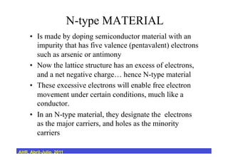 •  Is made by doping semiconductor material with an
impurity that has five valence (pentavalent) electrons
such as arsenic or antimony
•  Now the lattice structure has an excess of electrons,
and a net negative charge… hence N-type material
•  These excessive electrons will enable free electron
movement under certain conditions, much like a
conductor.
•  In an N-type material, they designate the electrons
as the major carriers, and holes as the minority
carriers
N-type MATERIAL
AHR, Abril-Julio, 2011
 