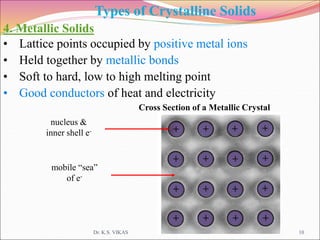 Types of Crystalline Solids
4. Metallic Solids
• Lattice points occupied by positive metal ions
• Held together by metallic bonds
• Soft to hard, low to high melting point
• Good conductors of heat and electricity
Cross Section of a Metallic Crystal
nucleus &
inner shell e-
mobile “sea”
of e-
Dr. K.S. VIKAS 10
 