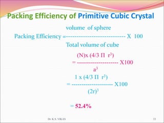 Packing Efficiency of Primitive Cubic Crystal
volume of sphere
Packing Efficiency =---------------------------- X 100
Total volume of cube
Dr. K.S. VIKAS 33
(N)x (4/3 Π r3)
= --------------------- X100
a3
1 x (4/3 Π r3)
= --------------------- X100
(2r)3
= 52.4%
 