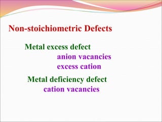 Non-stoichiometric Defects
Metal excess defect
anion vacancies
excess cation
Metal deficiency defect
cation vacancies
 