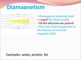 Diamagnetism
Diamagnetic materials tend
to repel flux lines weakly
All the electrons are paired
They lose their magnetism in
the absence of external
magnetic field.
Examples: water, protein, fat
 