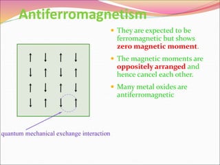 Antiferromagnetism
 They are expected to be
ferromagnetic but shows
zero magnetic moment.
 The magnetic moments are
oppositely arranged and
hence cancel each other.
 Many metal oxides are
antiferromagnetic
 