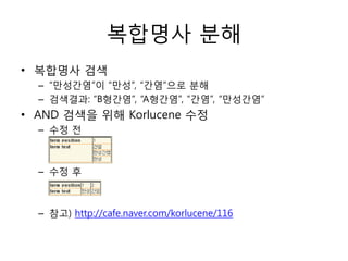 복합명사 분해
• 복합명사 검색
  – “만성간염”이 “만성”, “간염”으로 분해
  – 검색결과: “B형간염”, “A형간염”, “간염”, “만성간염”
• AND 검색을 위해 Korlucene 수정
  – 수정 전



  – 수정 후



  – 참고) http://cafe.naver.com/korlucene/116
 