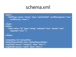 schema.xml
<types>
   <fieldType name="string" class="solr.StrField" sortMissingLast="true"
      omitNorms="true"/>
   …
</type>
<fields>
   <field name="id" type="string" indexed="true" stored="true“
      required="true" />
   …
</fields>

<uniqueKey>id</uniqueKey>
<defaultSearchField>text</defaultSearchField>
<copyField source="category" dest="text"/>
<copyField source="name" dest="text"/>
 