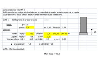 Consideraciones Taller N° 3
1) El peso sísmico incluye a todo el silo más el material almacenado, no incluye peso de la zapata.
2) La fza sísmica actúa a mitad de altura entre el nivel del suelo hasta la losa.
a) FS v b) Diagrama de pr sobr el suelo c) Giro
Datos: φ° = 30
γhormg = 2,4 e= 0,08 Dint(m)= 2,84
Solución:
Manto: H (m) = 9,0 Dext(m)= 3,0 c= 0,16 Df = 1,5 m
Zapata: Hz (m) = 0,5 B (m)= 3,4
Volumen interno (m3) = 56,3 Az (m2) = 11,6 e losa = 0,12
g grano (t/m3)= 1,2 25
a) FSv, (Det de estabilidad):
N = Peso Silo + Peso Zap + P Grano = 99,1 T
Peso Losa Techo 2,0 ton Mv losa = 3,1
Peso Manto 15,6 ton
Peso Silo 17,7 ton Peso vacío 17,7 t
Peso Zapata 13,9 ton Peso lleno 85,2 t
Peso Grano 67,5 ton N= 99,1 t
q adm (t/m2) =
Mom Resist = 168,4
Df
 