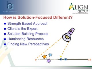 How is Solution-Focused Different?
 Strength Based Approach
 Client is the Expert
 Solution-Building Process
 Illuminating Resources
 Finding New Perspectives
1 10X Y
 