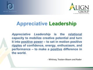 Appreciative Leadership is the relational
capacity to mobilize creative potential and turn
it into positive power – to set in motion positive
ripples of confidence, energy, enthusiasm, and
performance – to make a positive difference in
the world.
- Whitney, Trosten-Bloom and Rader
Appreciative Leadership
 