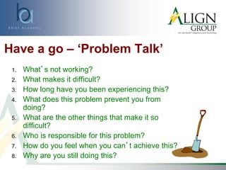 Have a go – ‘Problem Talk’
1. What’s not working?
2. What makes it difficult?
3. How long have you been experiencing this?
4. What does this problem prevent you from
doing?
5. What are the other things that make it so
difficult?
6. Who is responsible for this problem?
7. How do you feel when you can’t achieve this?
8. Why are you still doing this?
 