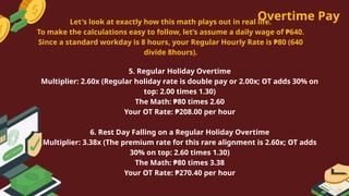 Overtime Pay
5. Regular Holiday Overtime
Multiplier: 2.60x (Regular holiday rate is double pay or 2.00x; OT adds 30% on
top: 2.00 times 1.30)
The Math: ₱80 times 2.60
Your OT Rate: ₱208.00 per hour
6. Rest Day Falling on a Regular Holiday Overtime
Multiplier: 3.38x (The premium rate for this rare alignment is 2.60x; OT adds
30% on top: 2.60 times 1.30)
The Math: ₱80 times 3.38
Your OT Rate: ₱270.40 per hour
Let's look at exactly how this math plays out in real life.
To make the calculations easy to follow, let’s assume a daily wage of ₱640.
Since a standard workday is 8 hours, your Regular Hourly Rate is ₱80 (640
divide 8hours).
 