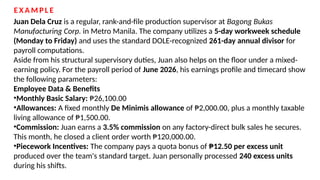 Juan Dela Cruz is a regular, rank-and-file production supervisor at Bagong Bukas
Manufacturing Corp. in Metro Manila. The company utilizes a 5-day workweek schedule
(Monday to Friday) and uses the standard DOLE-recognized 261-day annual divisor for
payroll computations.
Aside from his structural supervisory duties, Juan also helps on the floor under a mixed-
earning policy. For the payroll period of June 2026, his earnings profile and timecard show
the following parameters:
Employee Data & Benefits
•Monthly Basic Salary: ₱26,100.00
•Allowances: A fixed monthly De Minimis allowance of ₱2,000.00, plus a monthly taxable
living allowance of ₱1,500.00.
•Commission: Juan earns a 3.5% commission on any factory-direct bulk sales he secures.
This month, he closed a client order worth ₱120,000.00.
•Piecework Incentives: The company pays a quota bonus of ₱12.50 per excess unit
produced over the team's standard target. Juan personally processed 240 excess units
during his shifts.
E X A M P L E
 