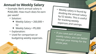 • Example: Ben’s annual salary is
₱260,000. How much does he earn
per week?
⚬ Solution:
￭ Weekly Salary = 260,000 ÷
52
￭ Weekly Salary = ₱5,000
⚬ Explanation:
⚬ Used for comparison or
budgeting weekly expenses.
Annual to Weekly Salary
• Weekly salary is found by
dividing the annual salary
by 52 weeks. This is useful
for tracking weekly
expenses and savings.
• If you save part of your
weekly salary, you can better
manage your money for the
whole year.
 