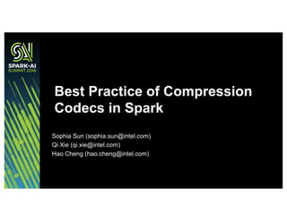 Sophia Sun (sophia.sun@intel.com)
Qi Xie (qi.xie@intel.com)
Hao Cheng (hao.cheng@intel.com)
Best Practice of Compression
Codecs in Spark
 