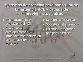 Sistemas de atención cardiovascular de
Emergencia ACE y cadena de
supervivencia, adultos
n  Reconocimiento y
activación d...
