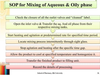 SOP for Mixing of Aqueous & Oily phase

      Check the closure of all the outlet valves and “cleaned” label.

     Open the inlet valve & Transfer the aq. And oil phase from their
                         respective mixing tanks.

Start heating and agitation at predetermined rate for specified time period.

        Locate mixing process intermittently through sight glass.

          Stop agitation and heating after the specific time gap.

  Allow the product to cool at specified temperature and homogenize it.

               Transfer the finished product to filling unit.

                     Record the details of processing.
                        School of Pharmacy, RK University                  36
 