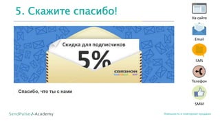 5. Скажите спасибо!
Лояльность и повторные продажи
На сайте
Email
SMS
Телефон
SMM
 