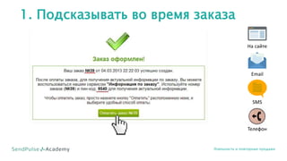 1. Подсказывать во время заказа
Лояльность и повторные продажи
На сайте
Email
SMS
Телефон
 