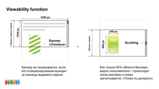 Viewability function
Баннер не показывается, если
его позиционирование выходит
за границы видимого экрана
Как только 50% области баннера
видна пользователю – происходит
показ рекламы и показ
засчитывается. «Показ по доскролу»
Баннер
«Соловья»
1200 px1024px
Областьпервогоэкрана
240 px
400px
Областьэкрана
Scrolling
logo
Bye
 