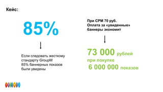 Кейс:
При CPM 70 руб.
Оплата за «увиденные»
баннеры экономит
Если следовать жесткому
стандарту GroupM
85% баннерных показов
были увидены
73 000 рублей
при покупке
6 000 000 показов
85%
 