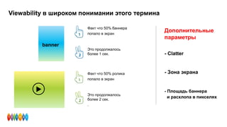 Viewability в широком понимании этого термина
Факт что 50% баннера
попало в экран
Это продолжалось
более 1 сек. - Clatter
- Зона экрана
- Площадь баннера
и расхлопа в пикселях
banner
Дополнительные
параметры
Факт что 50% ролика
попало в экран
Это продолжалось
более 2 сек.
.
 