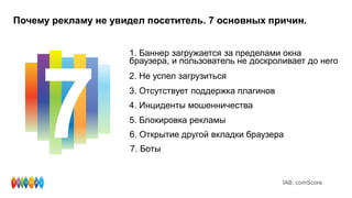 Почему рекламу не увидел посетитель. 7 основных причин.
1. Баннер загружается за пределами окна
браузера, и пользователь не доскроливает до него
7 IAB, comScore
2. Не успел загрузиться
3. Отсутствует поддержка плагинов
4. Инциденты мошенничества
5. Блокировка рекламы
6. Открытие другой вкладки браузера
7. Боты
 