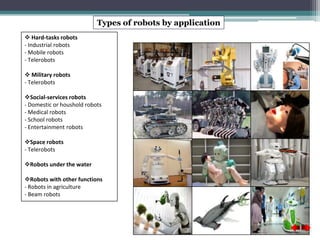 Types of robots by application 
 Hard-tasks robots 
- Industrial robots 
- Mobile robots 
- Telerobots 
 Military robots 
- Telerobots 
Social-services robots 
- Domestic or houshold robots 
- Medical robots 
- School robots 
- Entertainment robots 
Space robots 
- Telerobots 
Robots under the water 
Robots with other functions 
- Robots in agriculture 
- Beam robots 
 