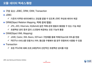 모듈: 데이터 액세스/통합
구성 요소: JDBC, ORM, OXM, Transaction
JDBC
 기존의 지루한 데이터베이스 코딩을 없앨 수 있도록 JDBC 추상화 레이어 제공

ORM(Object Relation Mapping, 객체 관계 맵핑)
 JPA, JDO, Hibernate, MyBatis와 같은 객체-관계 맵핑과 통합할 수 있는 기능 제공
 트랜잭션 관리 등과 같이 스프링에 제공하는 모든 기능과 통합

OXM(Object XML Mapping)
 JAXB, Castor, XML Beans, XSTream 구현체를 통해 객체(Object)와 XML을 변환
 RESTful 서비스를 만들거나 XML 통신을 수행해야 할 경우 유용하게 사용될 수 있음

Transaction
 모든 POJO에 대해 프로그래밍적과 선언적인 트랜잭션 관리를 지원

JNDI: Java Naming and Directory Interface
10
- Internal Use Only -

 