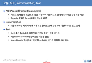모듈: AOP, Instrumentation, Test
AOP(Aspect Oriented Programming)
 메소드 인터셉터, 포인트컷 등을 사용하여 기능적으로 분리되어야 하는 구현체를 제공

 Aspects 모듈은 AspectJ 통합 기능을 제공

Instrumentation
 애플리케이션 서버 내에서 사용되는 클래스 로더 구현체에 대한 바이트 코드 조작

Test
 Junit 혹은 TestNG를 활용하여 스프링 컴포넌트를 테스트
 Application Context와 컨텍스트 캐싱을 활용
 Mock Objects(모의(가짜) 객체)를 사용하여 테스트 영역을 분리 가능

JNDI: Java Naming and Directory Interface
12
- Internal Use Only -

 