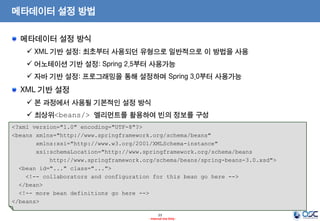 메타데이터 설정 방법
메타데이터 설정 방식
 XML 기반 설정: 최초부터 사용되던 유형으로 일반적으로 이 방법을 사용

 어노테이션 기반 설정: Spring 2.5부터 사용가능
 자바 기반 설정: 프로그래밍을 통해 설정하며 Spring 3.0부터 사용가능

XML 기반 설정
 본 과정에서 사용될 기본적인 설정 방식

 최상위<beans/> 엘리먼트를 활용하여 빈의 정보를 구성
<?xml version="1.0" encoding="UTF-8"?>
<beans xmlns="http://www.springframework.org/schema/beans"
xmlns:xsi="http://www.w3.org/2001/XMLSchema-instance"
xsi:schemaLocation="http://www.springframework.org/schema/beans
http://www.springframework.org/schema/beans/spring-beans-3.0.xsd">
<bean id="..." class="...">
<!-- collaborators and configuration for this bean go here -->
</bean>
<!-- more bean definitions go here -->
</beans>
23
- Internal Use Only -

 