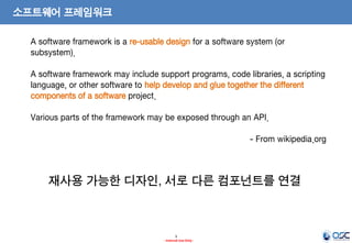 소프트웨어 프레임워크
A software framework is a re-usable design for a software system (or
subsystem).
A software framework may include support programs, code libraries, a scripting
language, or other software to help develop and glue together the different
components of a software project.
Various parts of the framework may be exposed through an API.

- From wikipedia.org

재사용 가능한 디자인, 서로 다른 컴포넌트를 연결

3
- Internal Use Only -

 