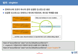 범위 : singleton
컨테이너에 오로지 하나의 공유 싱글톤 인스턴스만 생성
싱글톤 인스턴스는 컨테이너 캐시에 저장되며, 캐시된 객체를 반환

<bean id="accountService" class="com.foo.DefaultAccountService"/>
<!– singleton이 기본값이므로 지정하지 않으면 싱글톤 빈이 만들어짐-->

<bean id="accountService" class="com.foo.DefaultAccountService" scope="singleton"/>
35
- Internal Use Only -

 