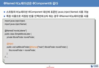 @Named 어노테이션은 @Component와 같다
스프링의 어노테이션 @Component 대신에 표준인 javax.inject.Named 사용 가능
특정 이름으로 지정된 빈을 인젝션하고자 하는 경우 @Named 어노테이션을 사용
import javax.inject.Inject;
import javax.inject.Named;
@Named(“movieListener”)
public class SimpleMovieLister {
private MovieFinder movieFinder;
@Inject
public void setMovieFinder(@Named("main") MovieFinder movieFinder) {
this.movieFinder = movieFinder;
}
// ...
}
54
- Internal Use Only -

 